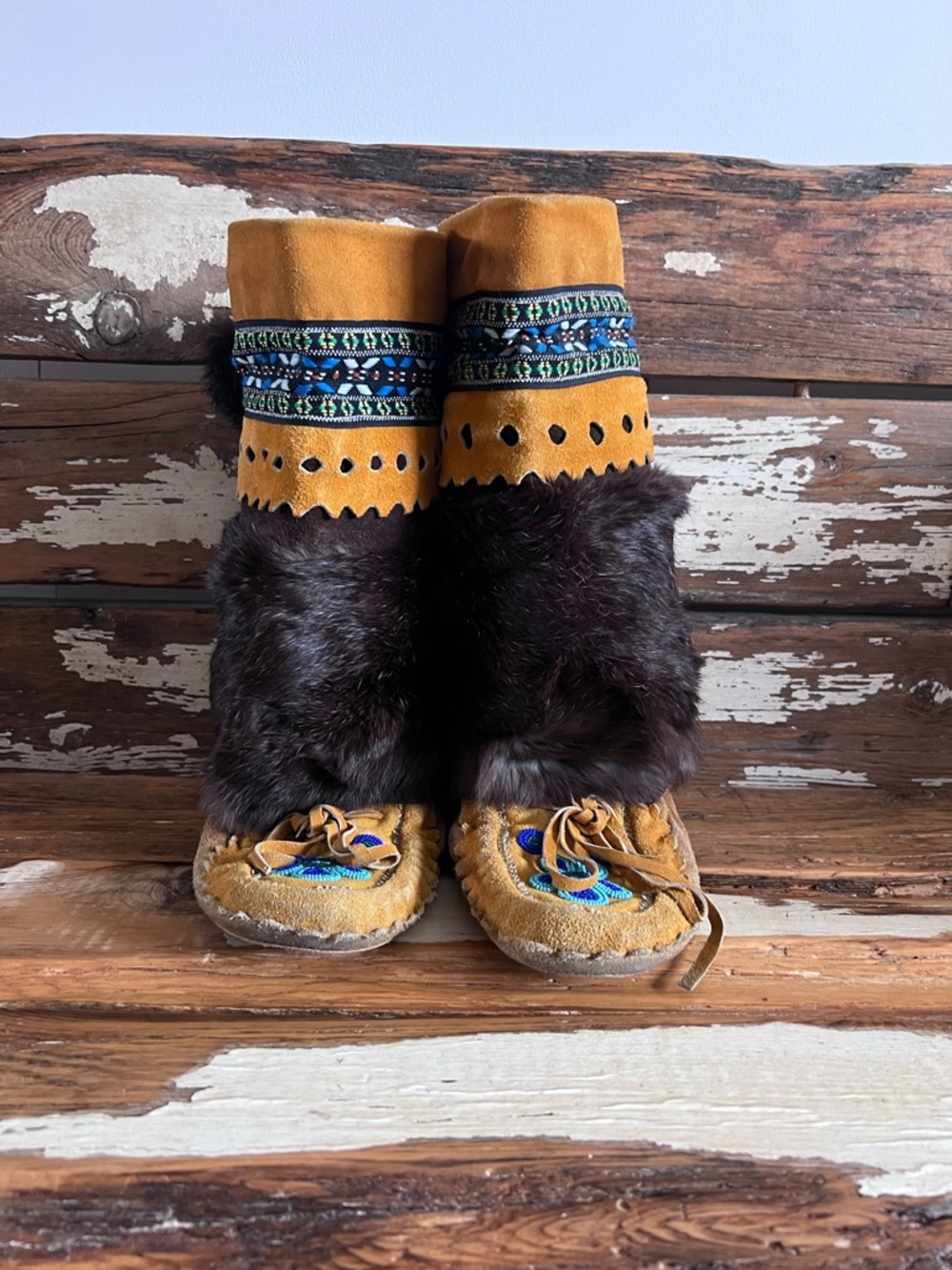 Handmade Beaded Fur Trim Moccasin Boots - Mustard Brown